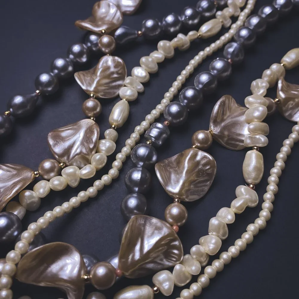 Vintage White Grey Mixed Faux Pearl Chunky Beaded Mutli Strand Collar Necklace - Picture 5 of 12